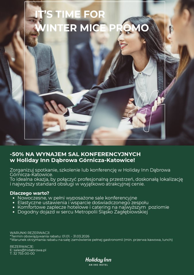 Winter MICE Promo w Holiday Inn Dąbrowa Górnicza–Katowice – do -50% na wynajem sal konferencyjnych!