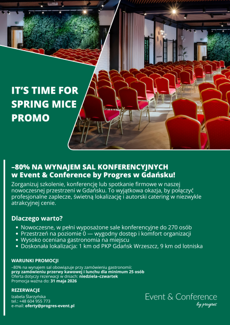 Wiosenna oferta MICE w Gdańsku. Event & Conference by Progres z atrakcyjną promocją na wynajem sal